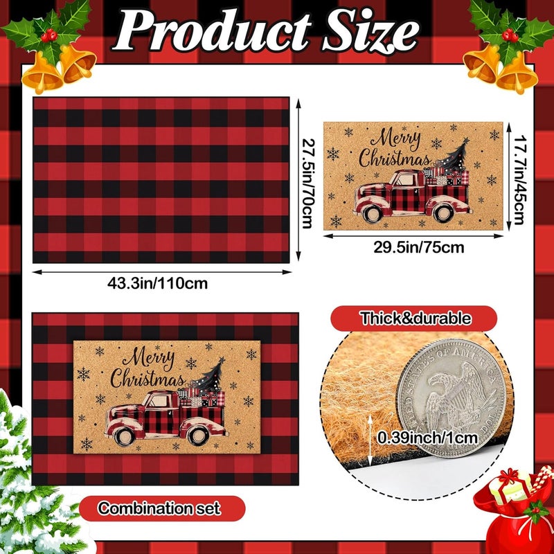 Fourluoo 2 Pcs Christmas Front Porch Rug Buffalo Plaid Christmas Door Mat Imitation Coco Coir Red Truck Xmas Welcome Layering Rug for Outdoor Winter Home Festival Holiday Decor, 28 x 43 Inch - Image 4